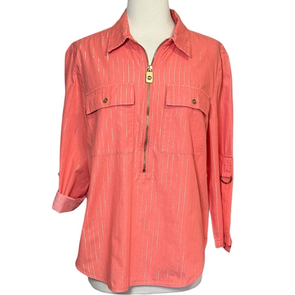 Michael Kors Coral Pink Metallic-Trim Button Pocket Popover Blouse